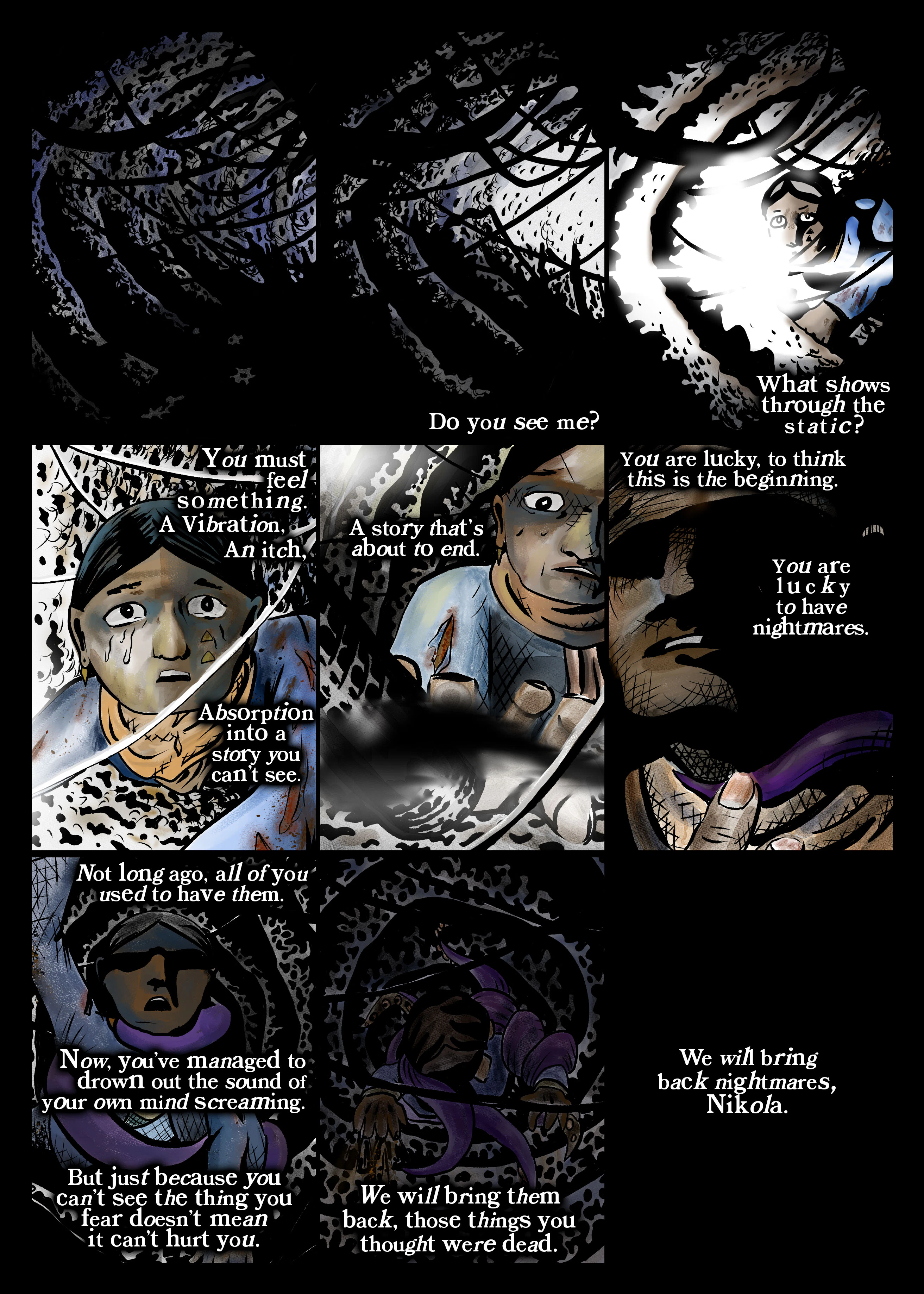 The first page of ELDERNET. A monologue over Nikola moving through a tunnel.