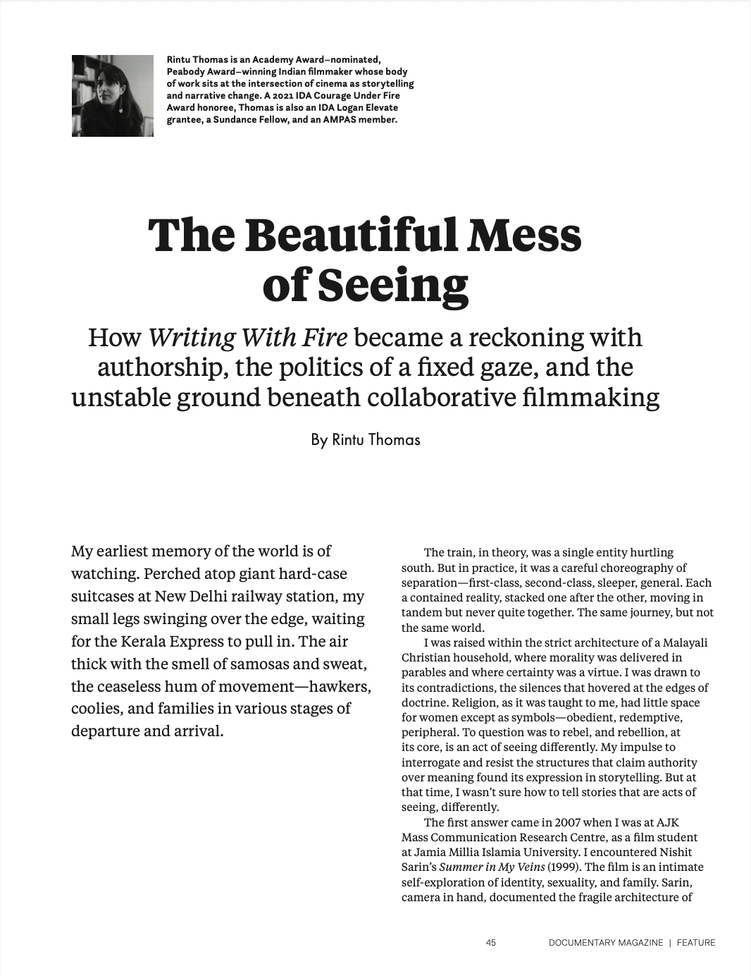 First page of Rintu Thomas's first-person reflective essay on her life's work, which led to Writing With Fire.