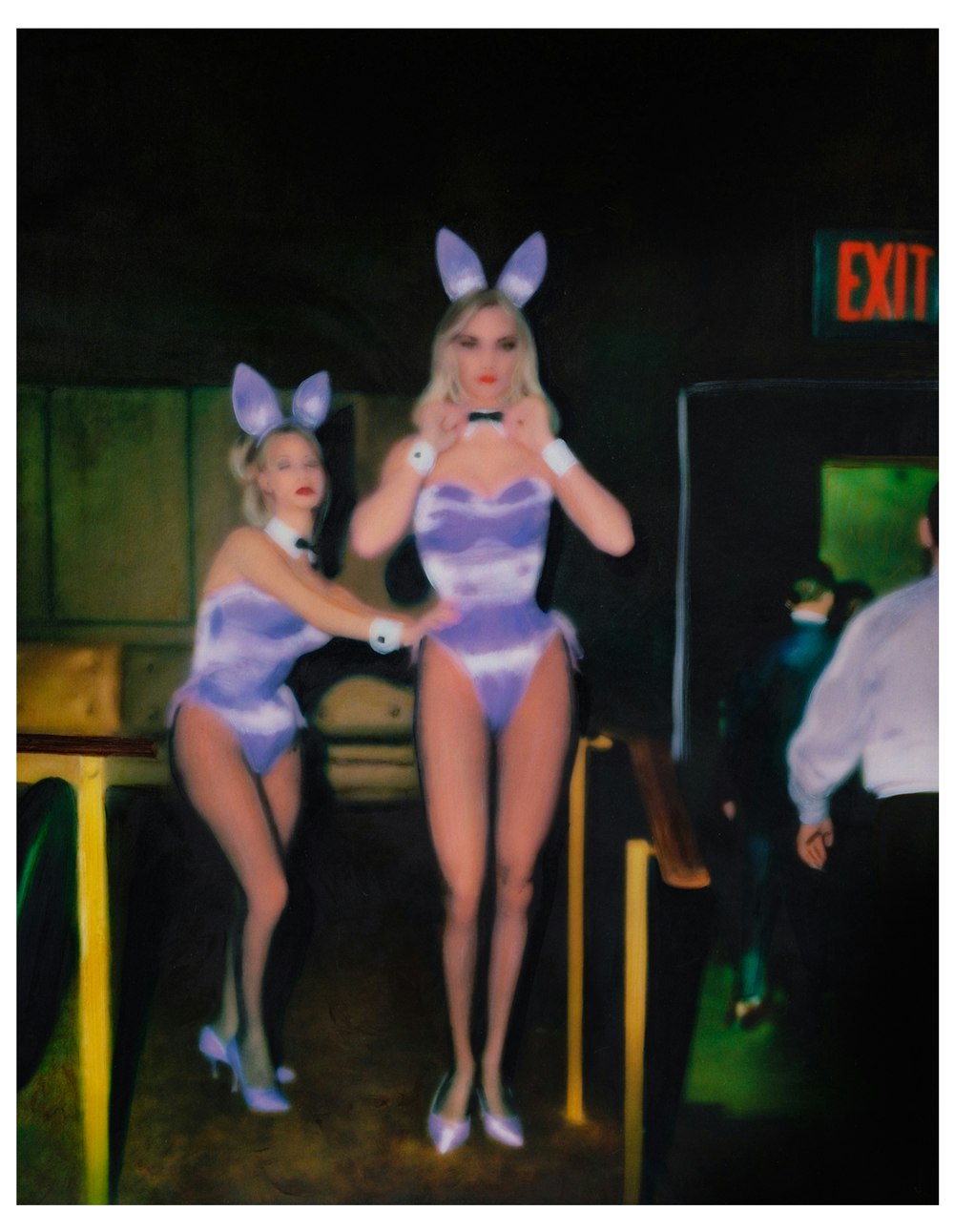 Purple Bunnies (2024), oil, ink, and encaustic on silk and wood, 32.75 x 27"