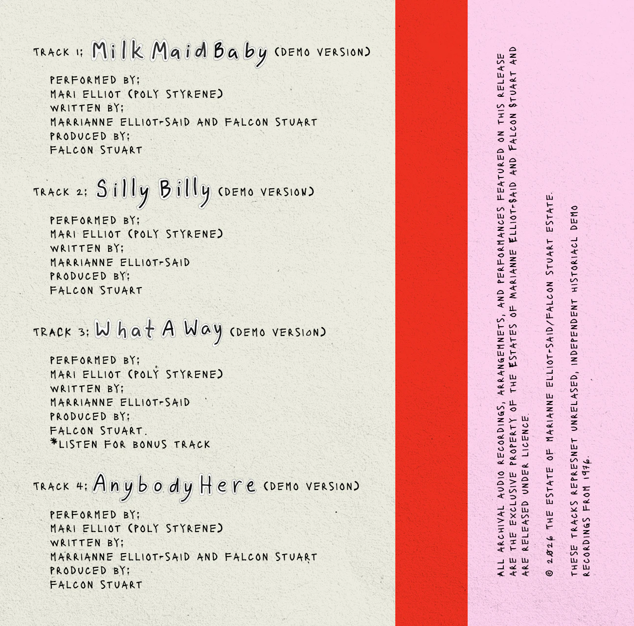 Track listing full details for digital download of unheard Poly Styrene Demos from 1976