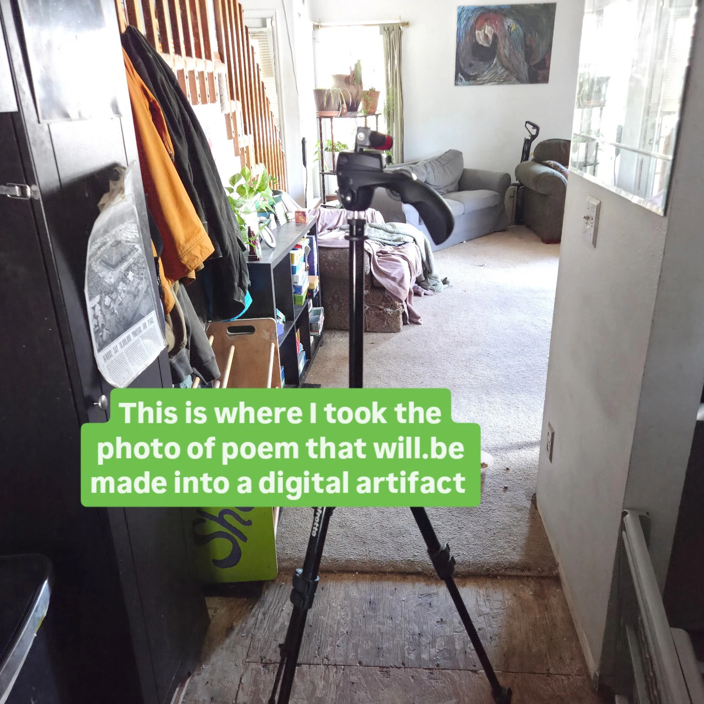 The photo I took of the poem was in the entrance of my house. The black background is a kitchen cabinet.